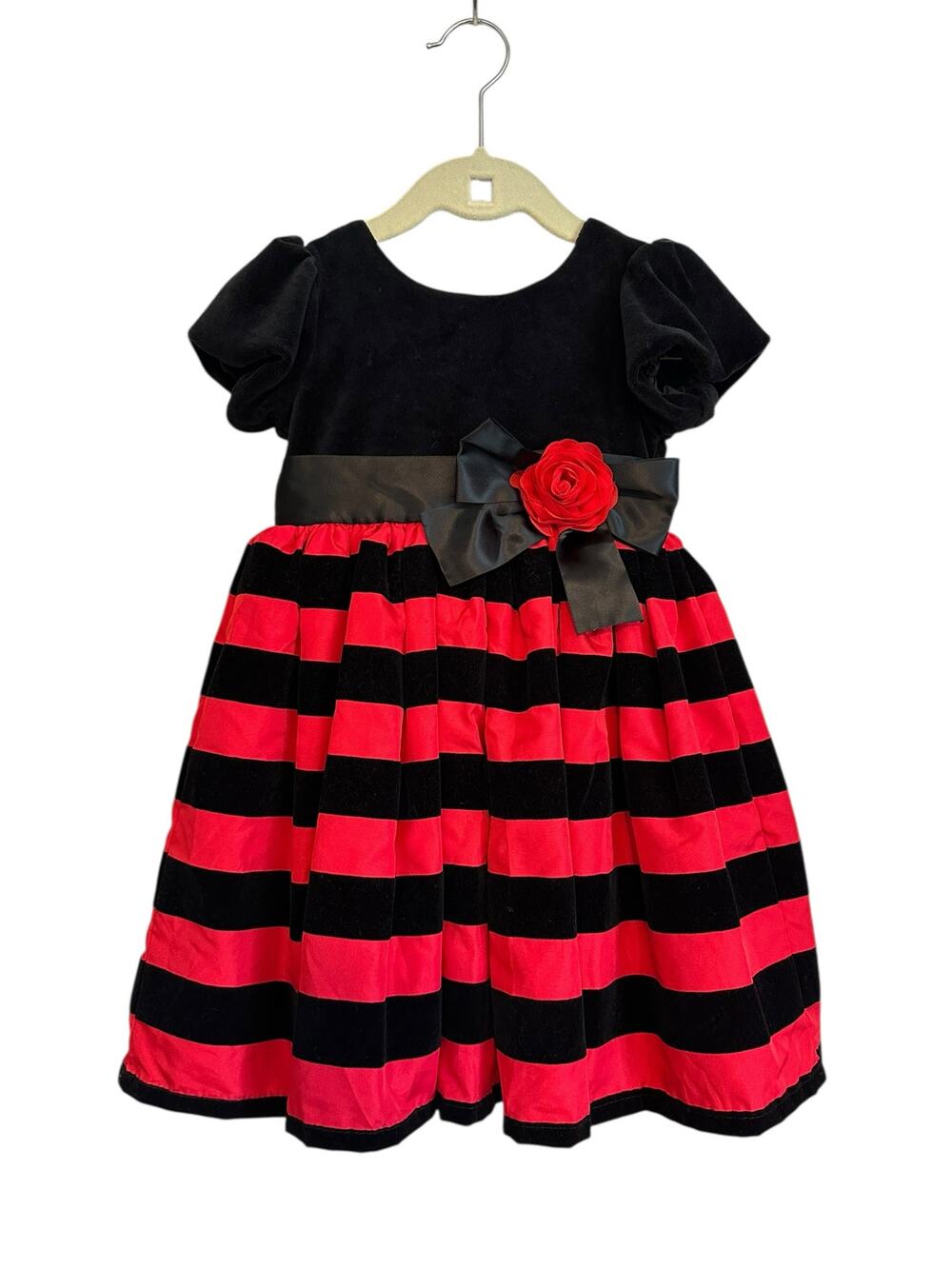 Little Me Holiday Red Black Striped Ruffled Skirt Velvet Upper Satin Bows 2T